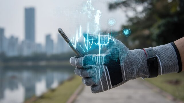 Hand in gray glove holding phone with overlayed data