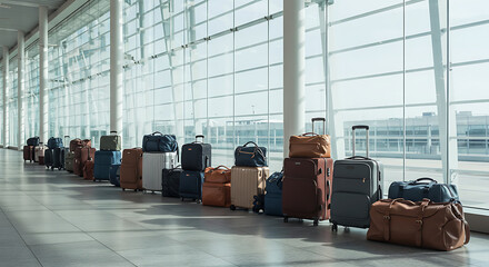 A long line of assorted luggage, including rolling suitcases and duffel bags, awaiting transport.
