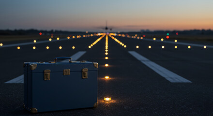 A sleek blue suitcase rests on the edge of a runway, hinting at journeys and new destinations.