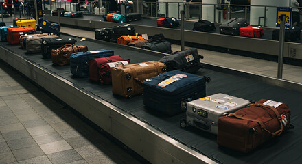 Suitcases, duffel bags and other luggage ride along the conveyor belt at the airport carousel.