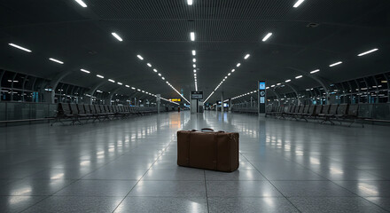 Lost luggage sits abandoned on a shiny floor in a deserted airport, waiting to be reunited.