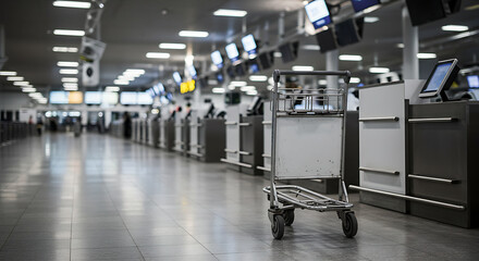 Airport check-in area featuring a luggage cart, promoting travel and transportation services.