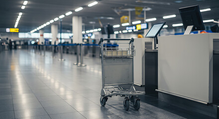 A luggage cart stands ready in a modern airport terminal, awaiting passengers to load their bags.