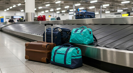 Assorted luggage pieces sit by the airport conveyor belt, waiting to be collected by their owners.