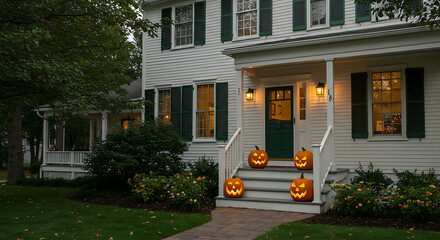 Festive autumn scene: illuminated pumpkins adorn the steps of a charming, classic American house.