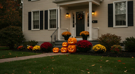 Festive autumn display with stacked, glowing jack-o'-lanterns, colorful mums, and a welcoming house.