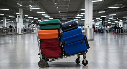 A luggage cart stacked high with colorful suitcases sits in an airport waiting to be moved.