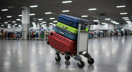 Colorful luggage stacked on a metal airport trolley, standing ready for the journey in a bright concourse.