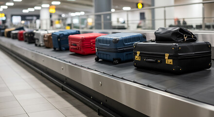 Suitcases on a luggage carousel at an airport, ready to be collected by their traveling owners.