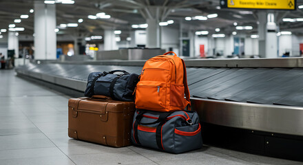 An assortment of luggage including a suitcase, duffel bags, and a backpack sits atop a conveyor belt.