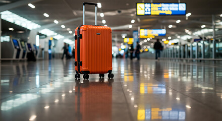 An orange suitcase sits waiting in an airport terminal, reflecting on the shiny tiled floor.