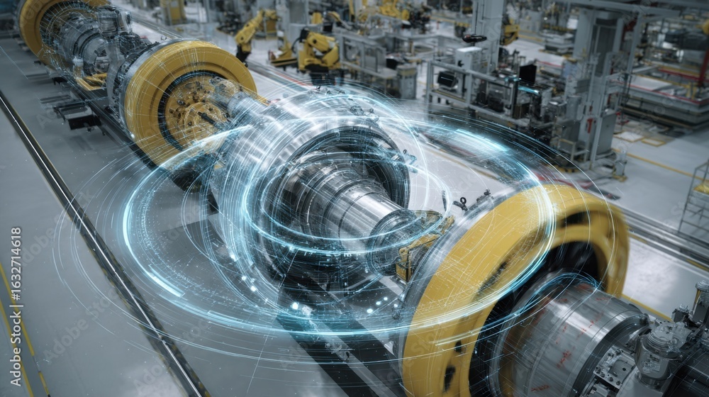 Poster a series of robotic stations performing quality inspections on finished turbine units with automated