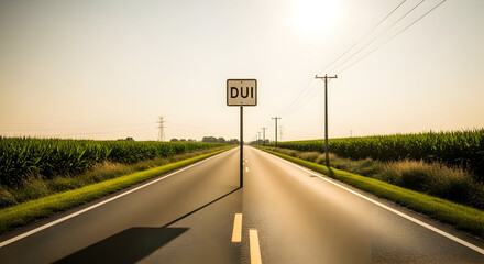 Country Road with a DUI Sign at Sunset Promoting Responsible Driving Safety