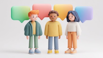 Three diverse cartoon figures standing together, with colorful speech bubbles above them