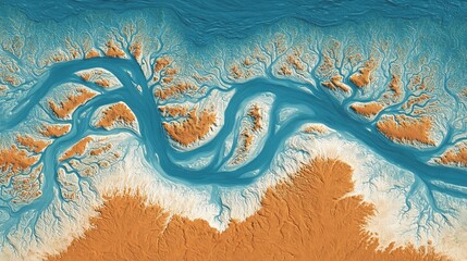 Aerial view of a winding river system,  flowing through a desert landscape.  Blue-toned river channels intricately carve through light orange-tan land, with areas of off-white.