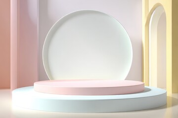 Abstract pastel platform with circular backdrop, minimalist design, empty stage, product display, soft light, clean background, modern architecture, two-tiered stand,