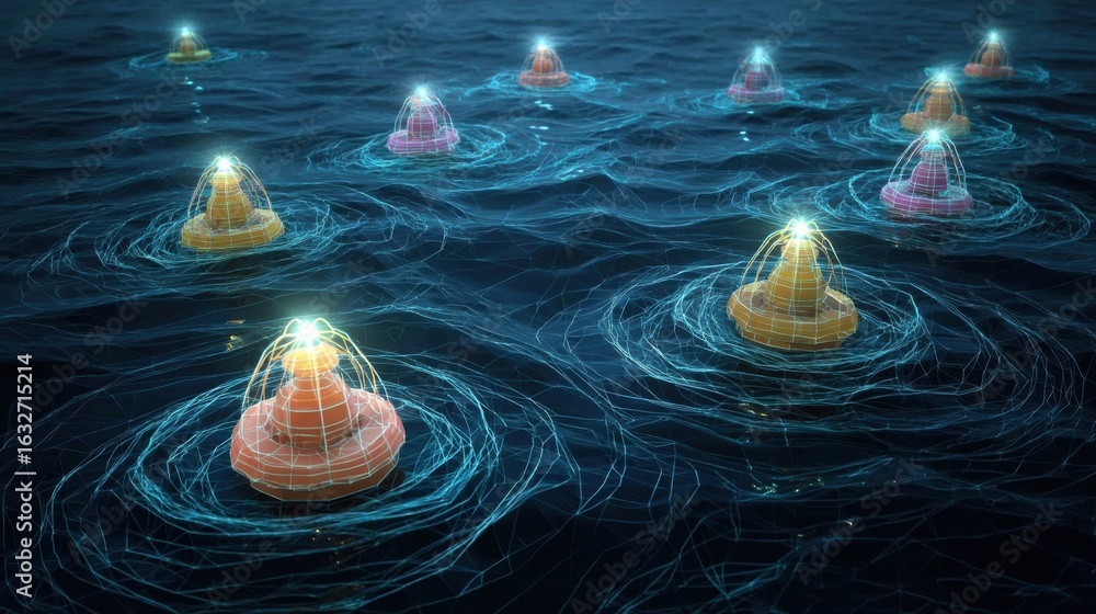 Aufkleber an array of floating wave energy devices bobbing on the surface of the water their colorful flotatio