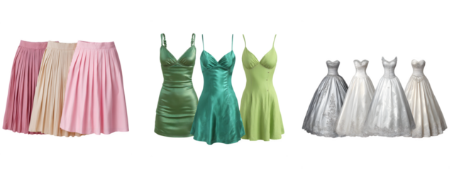 Collection of elegant evening gowns and dresses isolated on transparent background