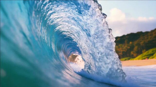Surfer riding a cresting wave in the ocean. Vibrant sea, active lifestyle, adventure and enjoyment of nature.