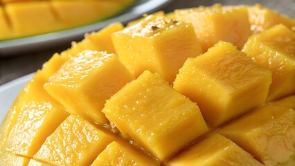 Freshly cut ripe mango cubes on a white plate close up