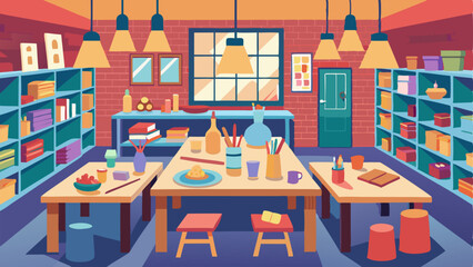 An arts and crafts room filled with tables for creating and shelves stocked with materials.