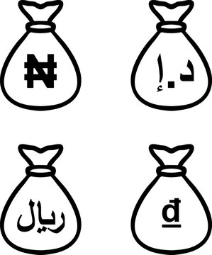 Money Bags with Nigerian Naira, Libyan Dinar, Saudi Riyal, and Vietnamese Dong Icons