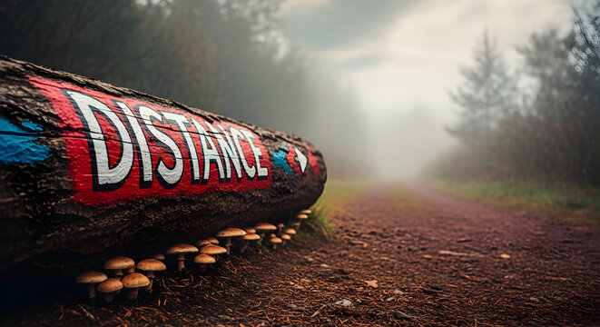 Distance Written On Wood In A Misty Forest With Path And Mushrooms - Powered by Adobe