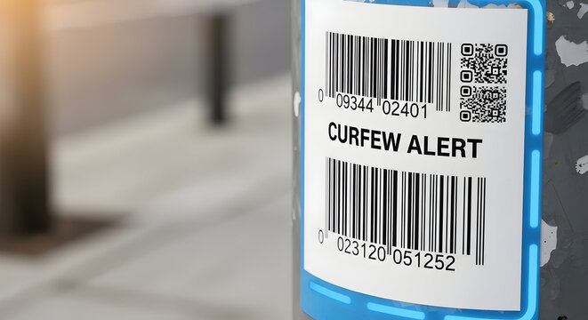 Curfew Alert Notification Displayed With Barcode and QR Codes On Urban Surface