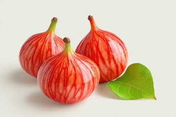 Obraz premium Three vibrant red and white figs with a leaf