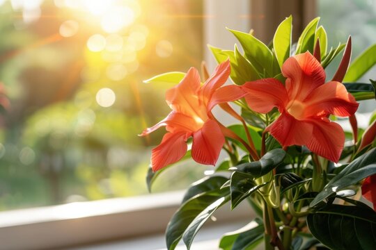 Vibrant red mandevilla flowers blooming near window in sunlight