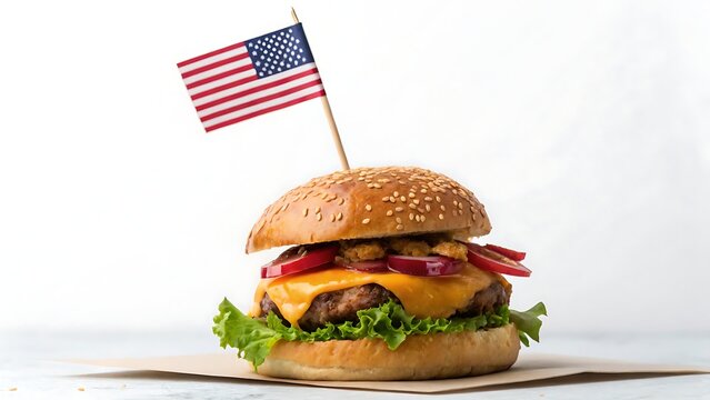 Delicious american hamburger with flag on white background