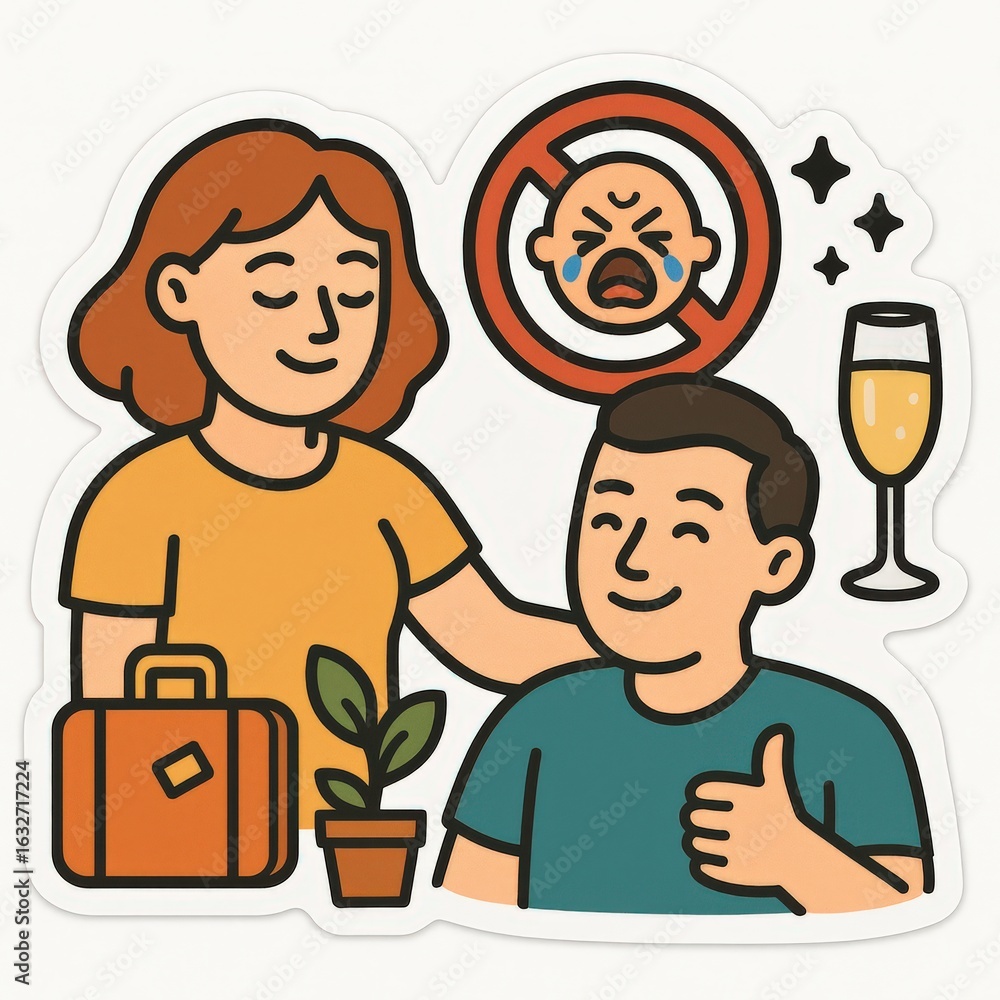 Aufkleber supportive woman comforting a cheerful man while prohibiting tears with a playful expression and sym