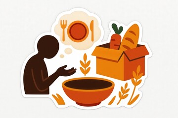Contemplating nourishment with a thoughtfully arranged bowl of food alongside a box of fresh produce and symbolic elements reflecting hunger and sustenance goals for the future