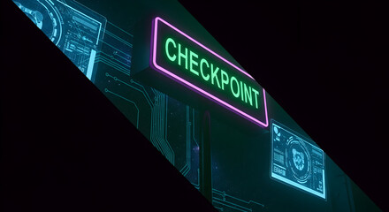 Cyberpunk Checkpoint Neon Sign With Futuristic Technology Interface Concept