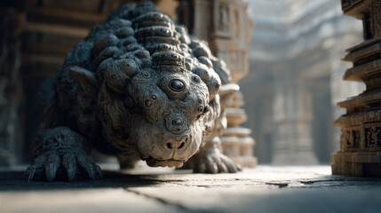 Ancient stone monster statue inside a temple with detailed textures and lighting