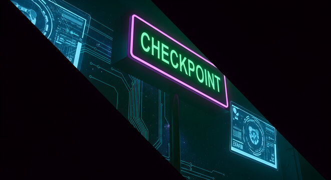 Cyberpunk Checkpoint Neon Sign With Futuristic Technology Interface Concept
