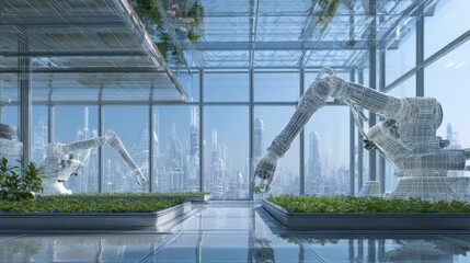 Fototapeta premium An automated system of robotic arms carefully harvesting fresh leafy greens in a vertical farming facility with the city skyline visible through large glass windows.