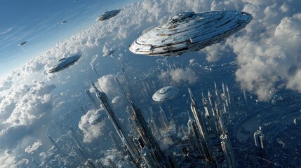 Futuristic Cityscape with Flying Spaceships Above in a Cloudy Sky