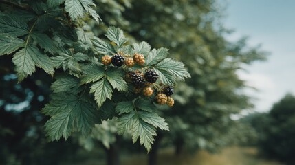 Close-up of Unripe and Ripe Blackberries on Thorny Branches in Verdant Forest