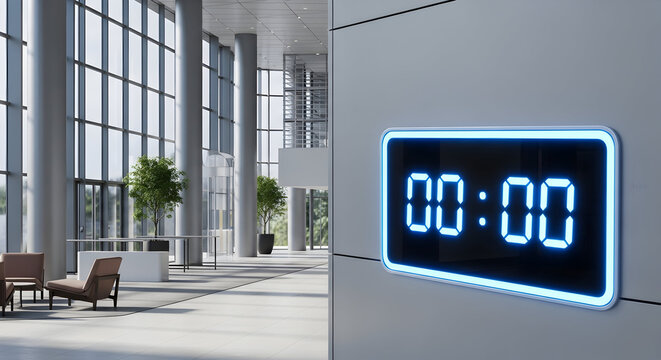 Digital Clock Displaying Midnight in Contemporary Office Building Interior
