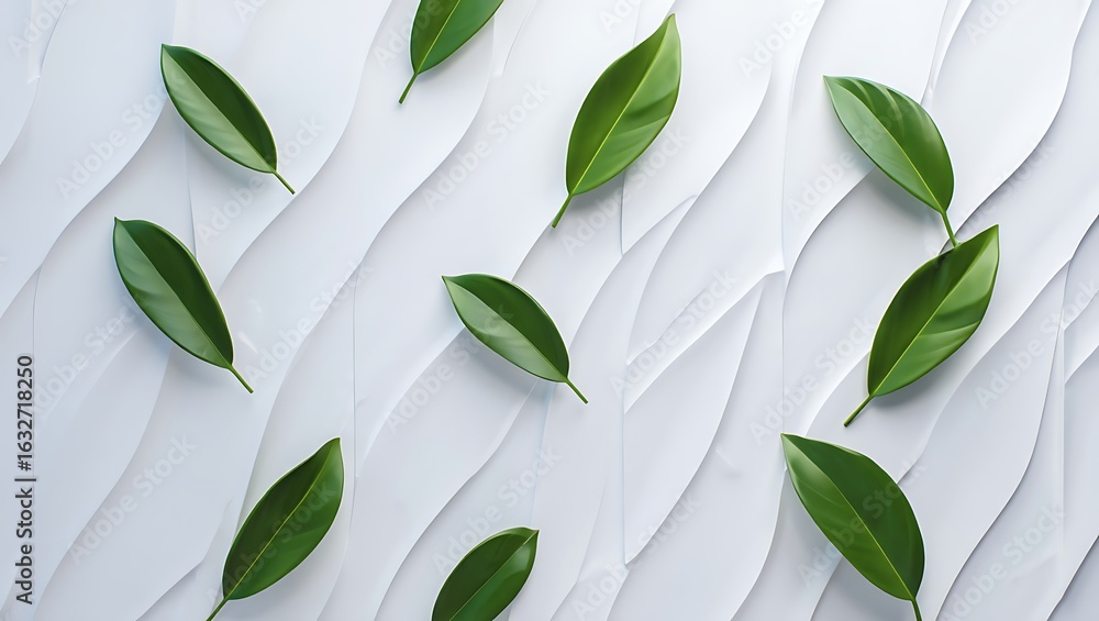 Poster abstract white background with floating green leaves, seamless wave pattern with botanical elements
