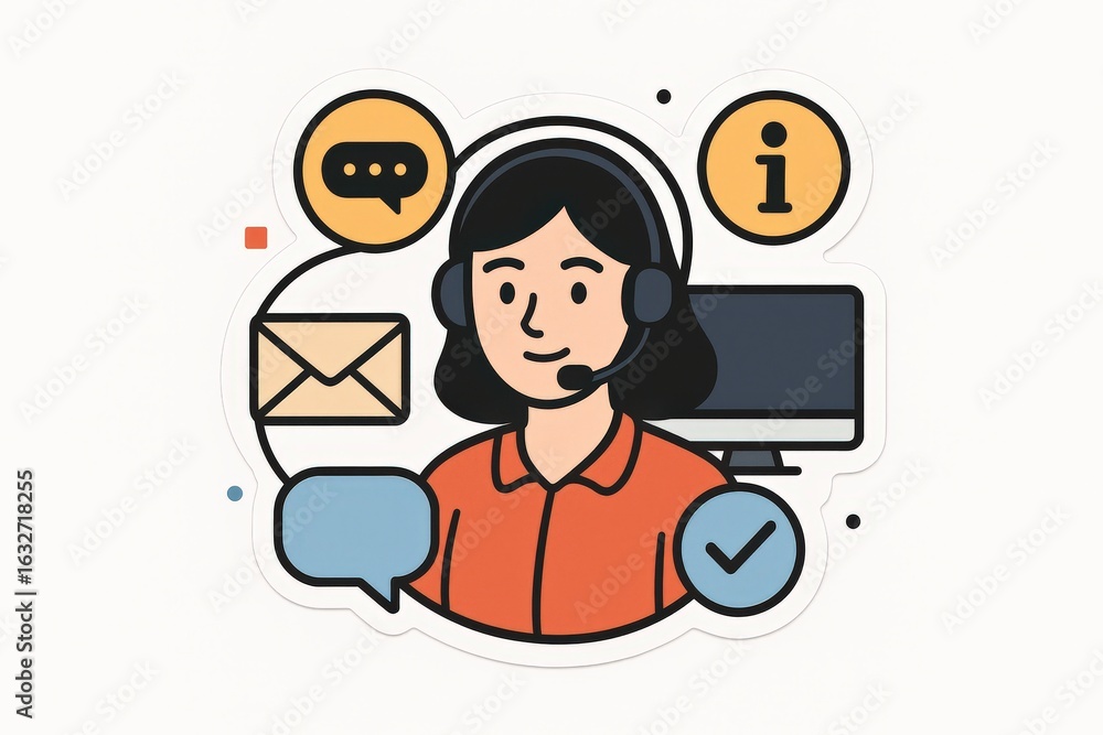 Poster engaging customer support representative in a vibrant workspace helping clients through digital comm