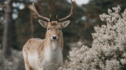 A Majestic Deer Standing in a Forest Amidst Blooming White Flowers
