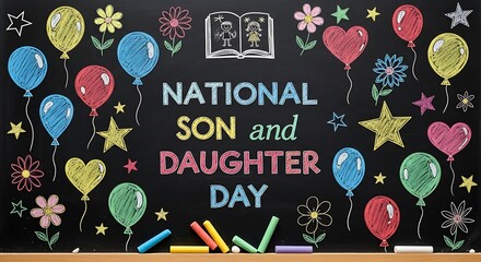 Chalkboard celebration of national son and daughter day with balloons and stars