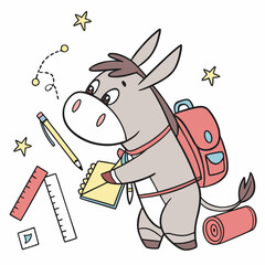Cute SVG of a Shy Donkey in Chalkboard Fun colors, featuring wrapped in fairy lights in a Back to school setting