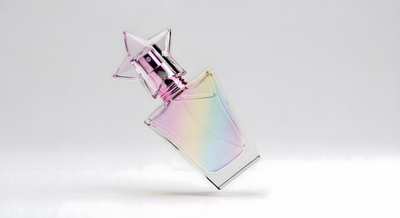 Rainbow Perfume Bottle in Levitating Pose with Star-Shaped Cap, Isolated on White Background