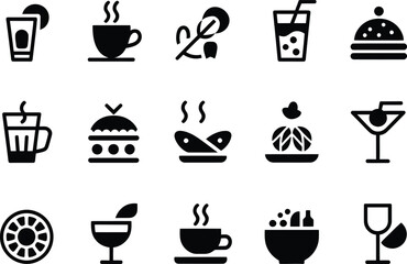 Collection of Black Silhouette Food and Drink Icons in Simple Style Featuring Beverages Coffee Meals and Desserts on White Background
