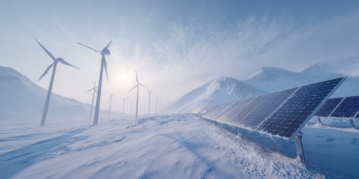 Energy generation in a snowy landscape with wind turbines and solar panels under a bright sky - Powered by Adobe
