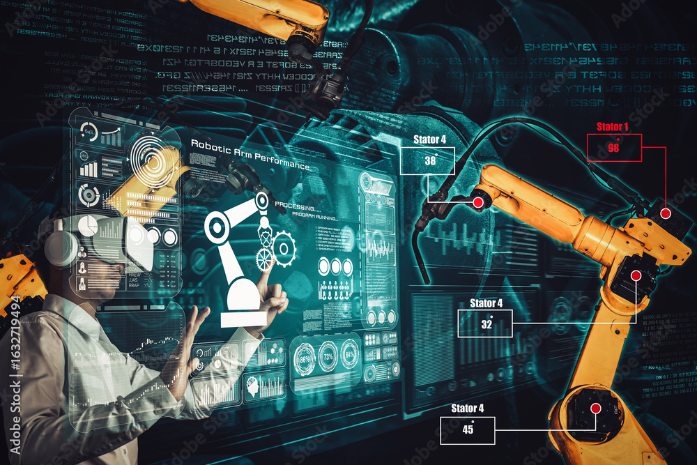 Aufkleber engineer controls robotic arms by augmented reality industry technology application software. smart 