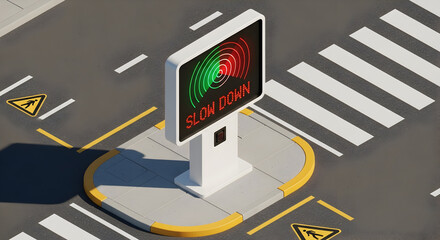 Digital Road Safety Display with Slow Down Message Near Pedestrian Crossing